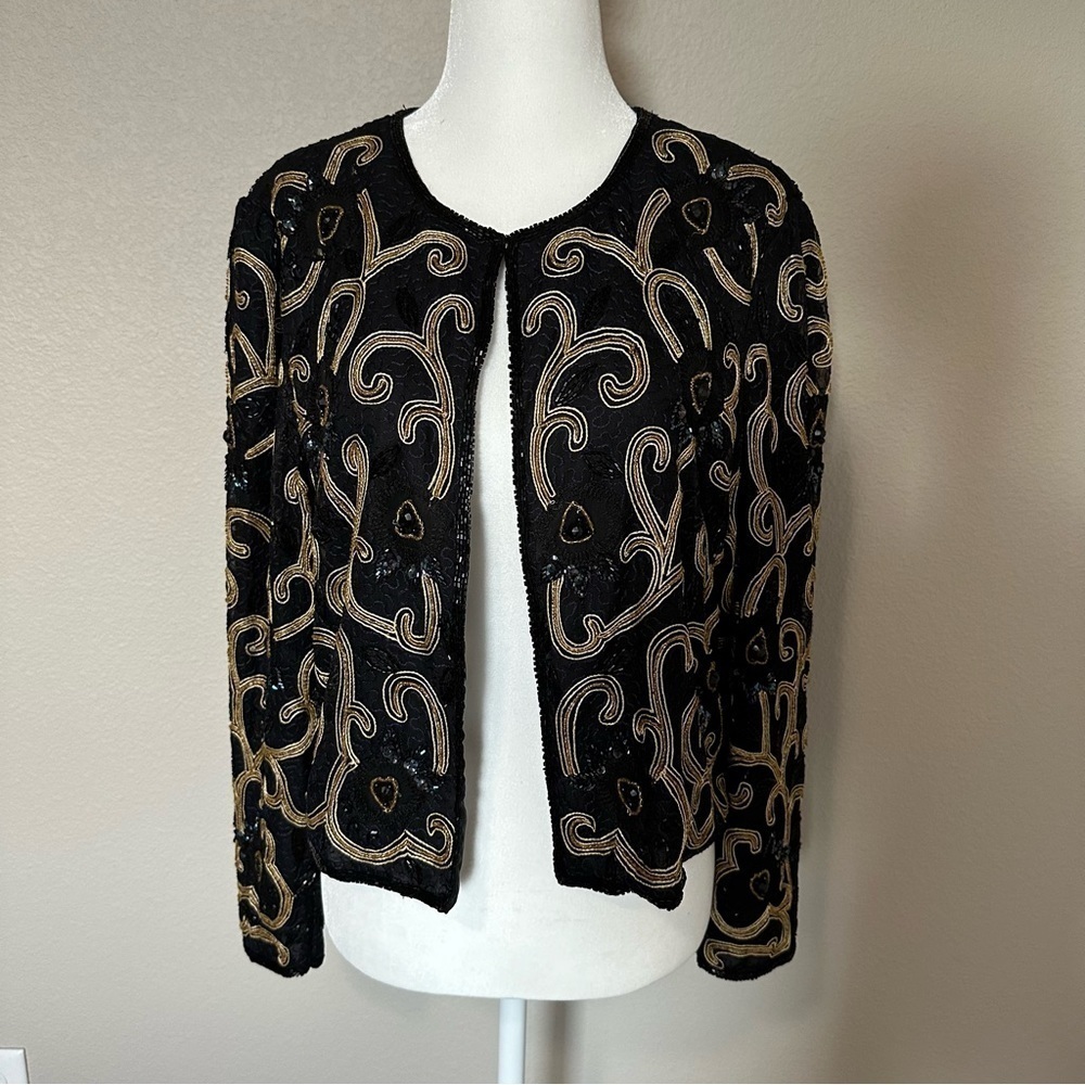 Vintage 100% Silk Sténay Beaded Open Front Cardigan Blazer Statement Top